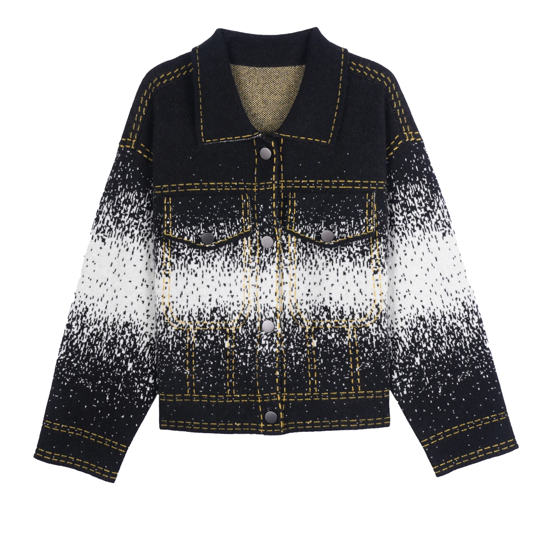 【牛仔女孩】100纯山羊绒翻领提花女士短款夹克YXW22259