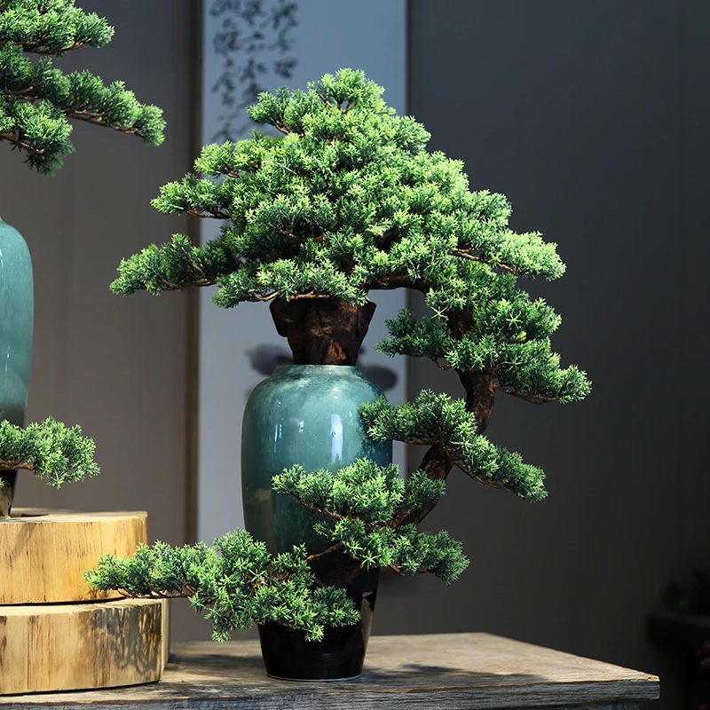 新中式迎客松盆景禅意创意摆件陶瓷花盆绿植玄关酒店点缀客厅茶室