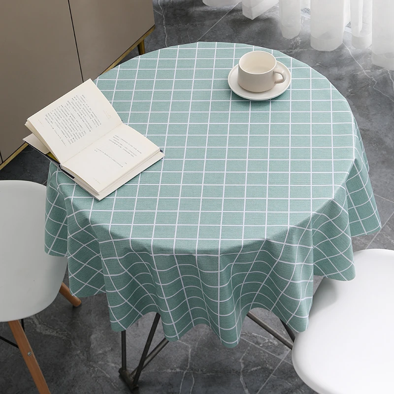 恒钻湖蓝小格圆桌布防水防油防烫免洗家用高级圆形餐桌茶几简约