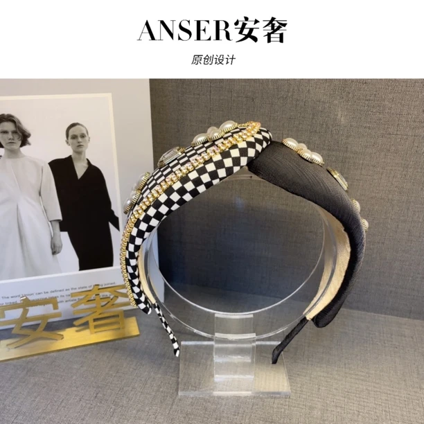 安奢原创【双拼格纹】日常高级感发箍百搭时尚时髦洋气宽边