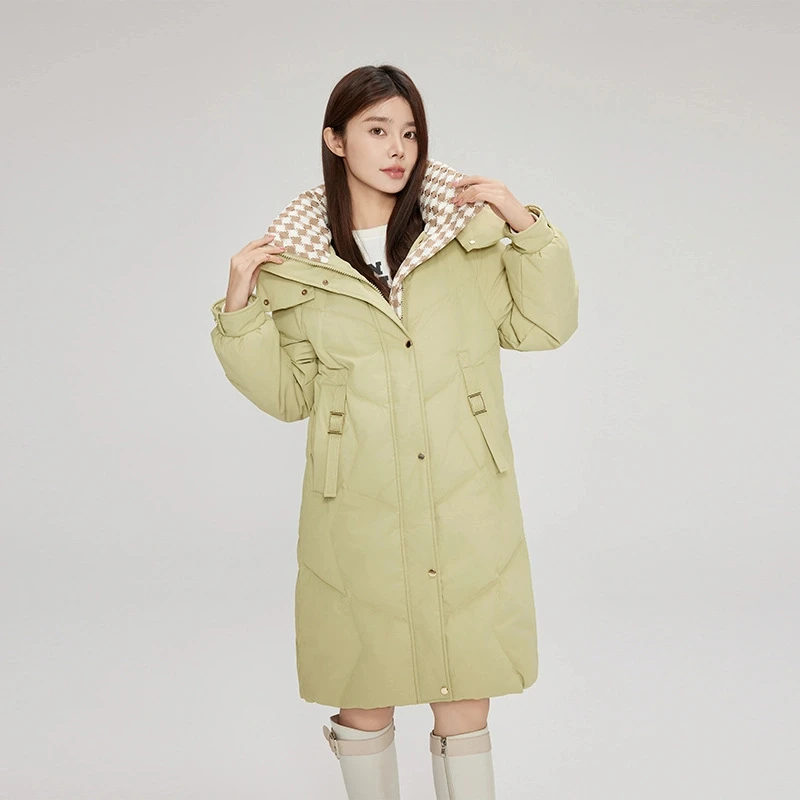 时尚潮流中长款千鸟格拼色棉服冬季女士连帽保暖棉衣韩版宽松外套