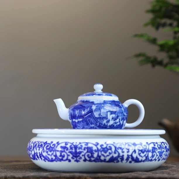 锦玉清韵王琳窑镂空铜钱纹缠枝花卉壶承纯手工陶瓷中式釉下彩