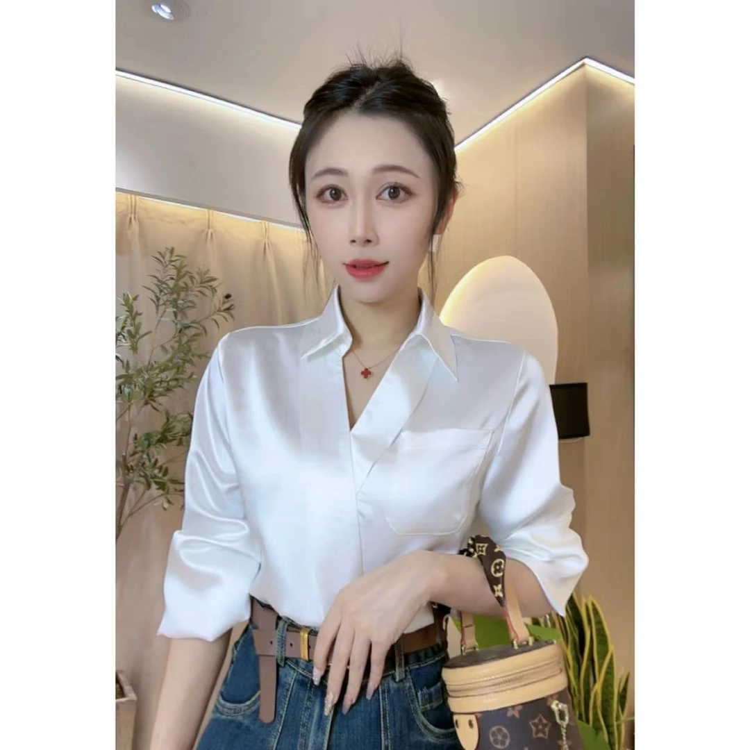 H-2024新款秋季长袖女设计感白色衬衫宽松轻奢高级上衣6590#0.1