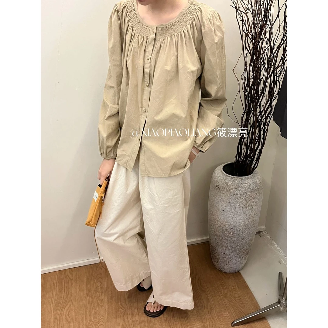 周周专属-秋小众法式褶皱圆领长袖衬衫女洋气显瘦娃娃衫8879#0.1