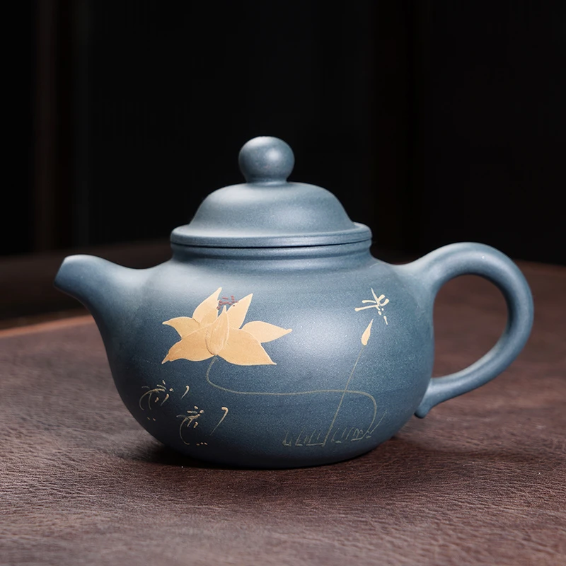宜兴紫砂壶单壶仿古壶中式如意泥绘蓝掇球壶+证书泡茶壶