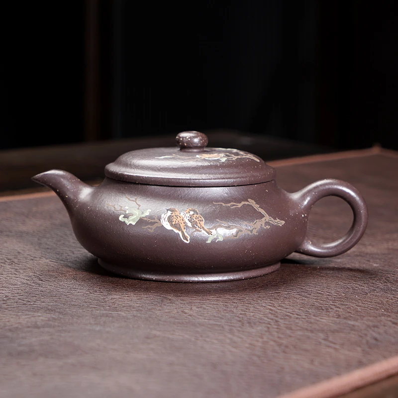宜兴紫砂壶单朱泥仿古壶手工中式贴花紫明炉茶壶带证书小容量