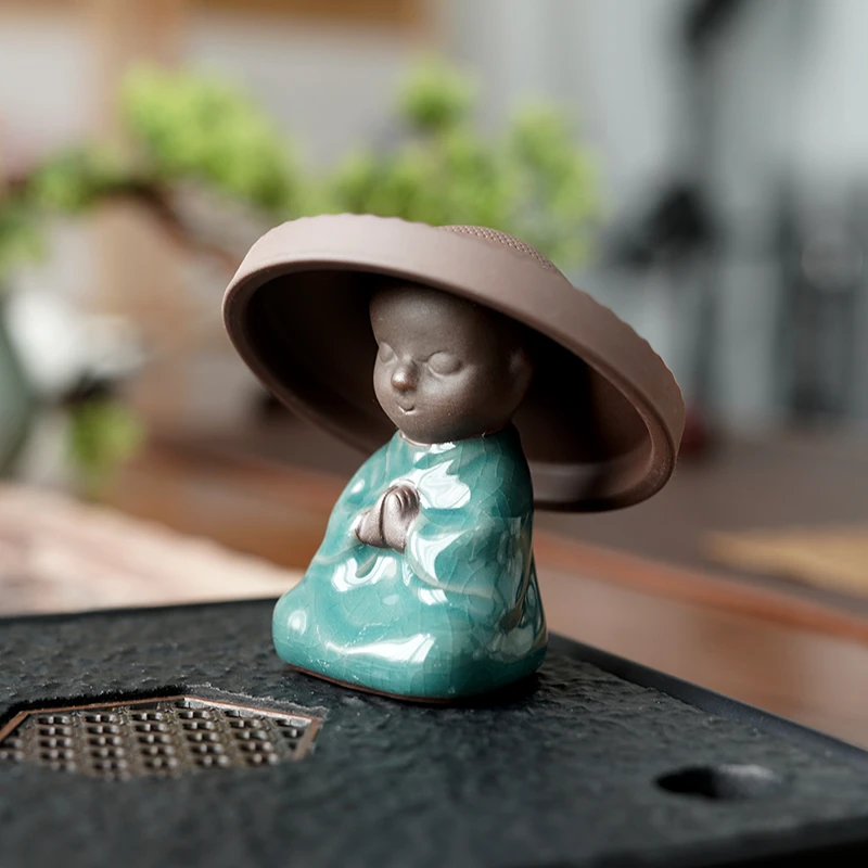 哥窑创意禅意小和尚 斗笠茶滤 全陶瓷茶漏一体套装过滤网茶道摆件