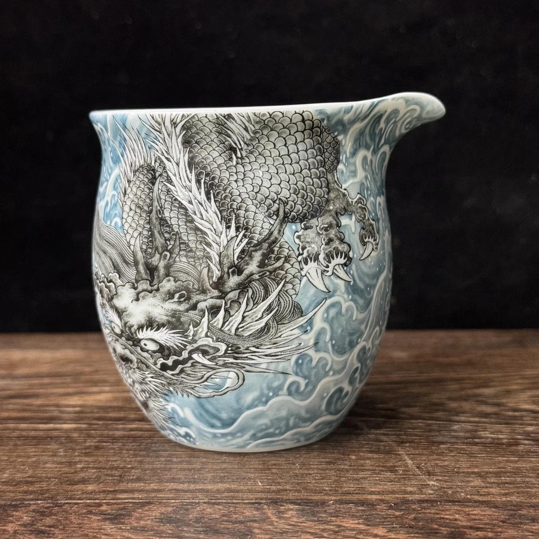 景德镇陶瓷粉彩瓷墨龙游海公道杯釉上彩龙纹茶海分茶器中式高端