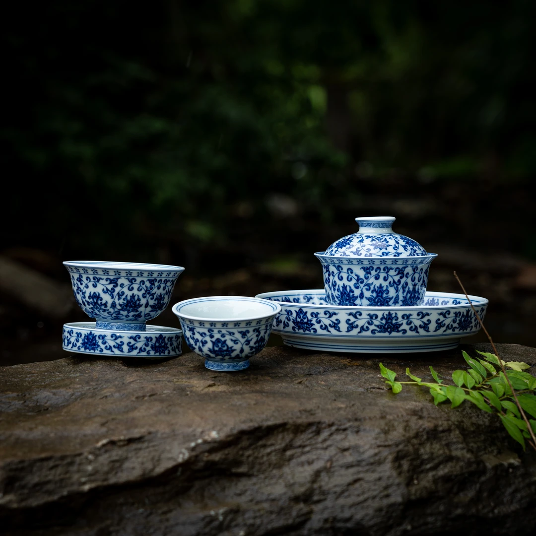 景德镇陶瓷青花瓷青花缠枝莲茶具套装仿明永乐缠枝中式高端茶器