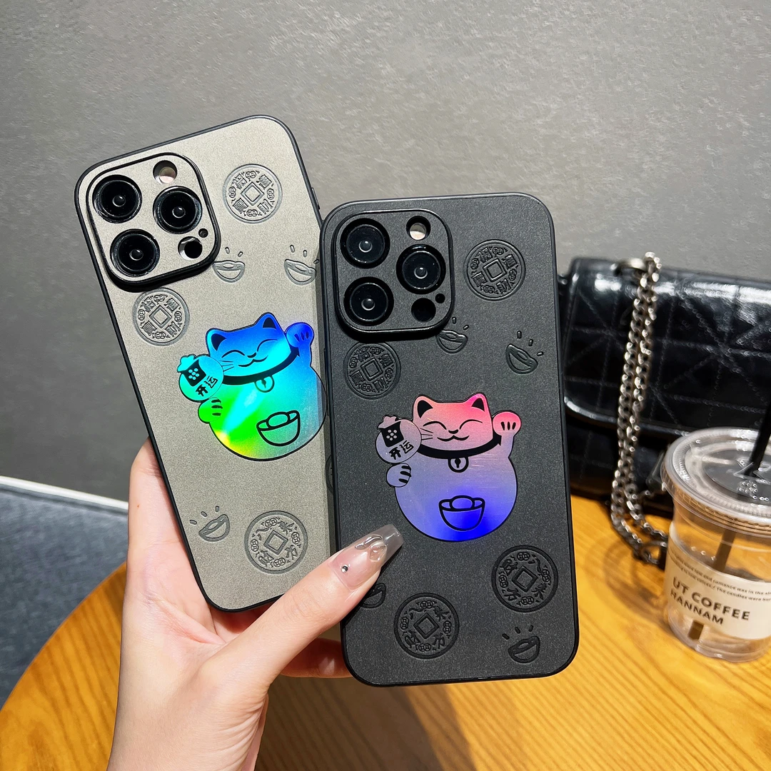 潮牌镭射好运招财猫苹果16promax手机壳新款iphone15适用14创意13
