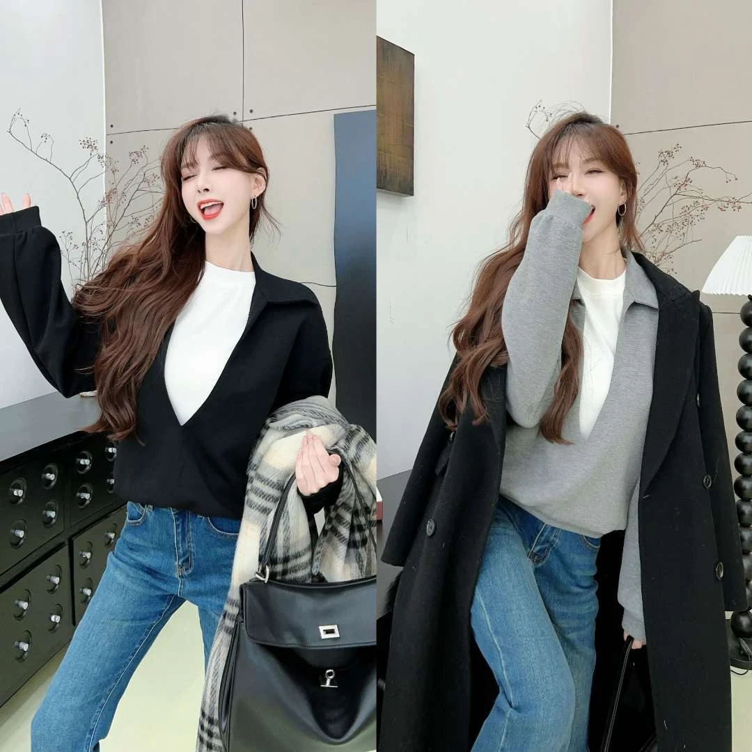 《松弛感》慵懒百搭假两件太空棉深V卫衣 （衣长58）（#8372）