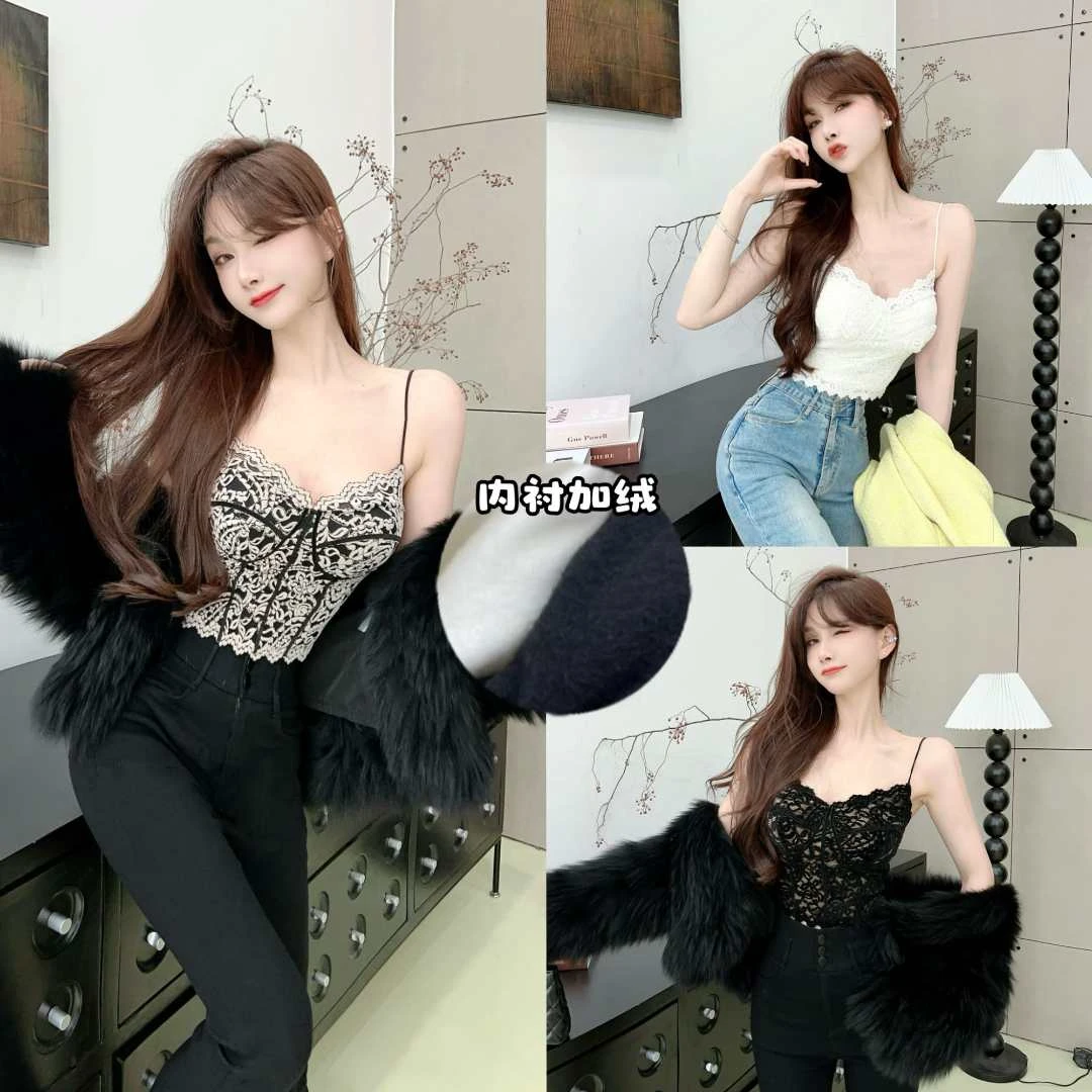 《目送三米》①蕾丝绣花胸垫吊带背心(8317)性感短款美背打底