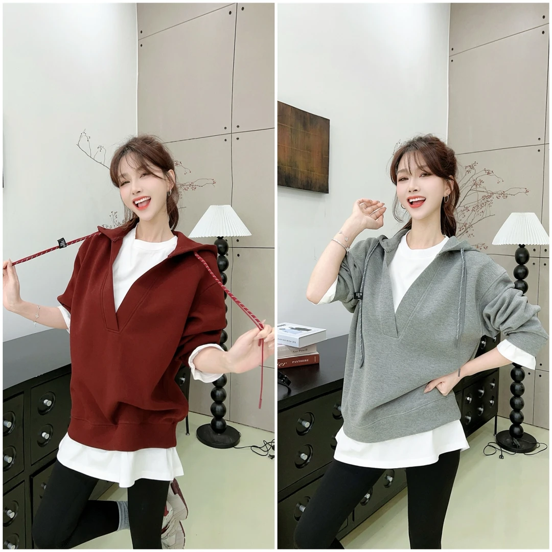 《韩系休闲》松弛感假两件V领连帽卫衣（衣长72）（#8365）百搭时尚上衣