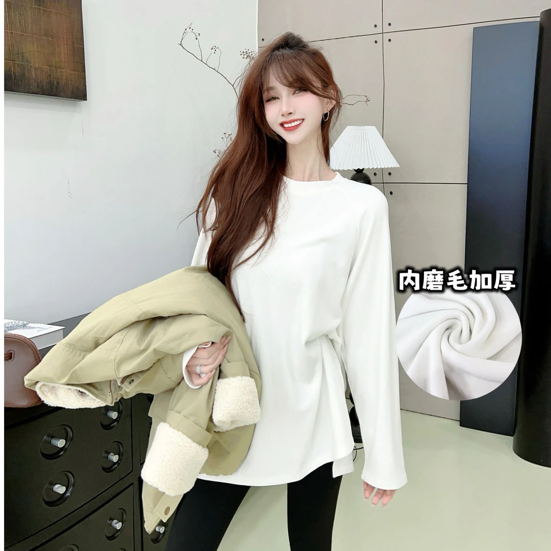 《人手一件》回馈老粉加绒大白T恤宽松百搭长袖打底衫套头上衣