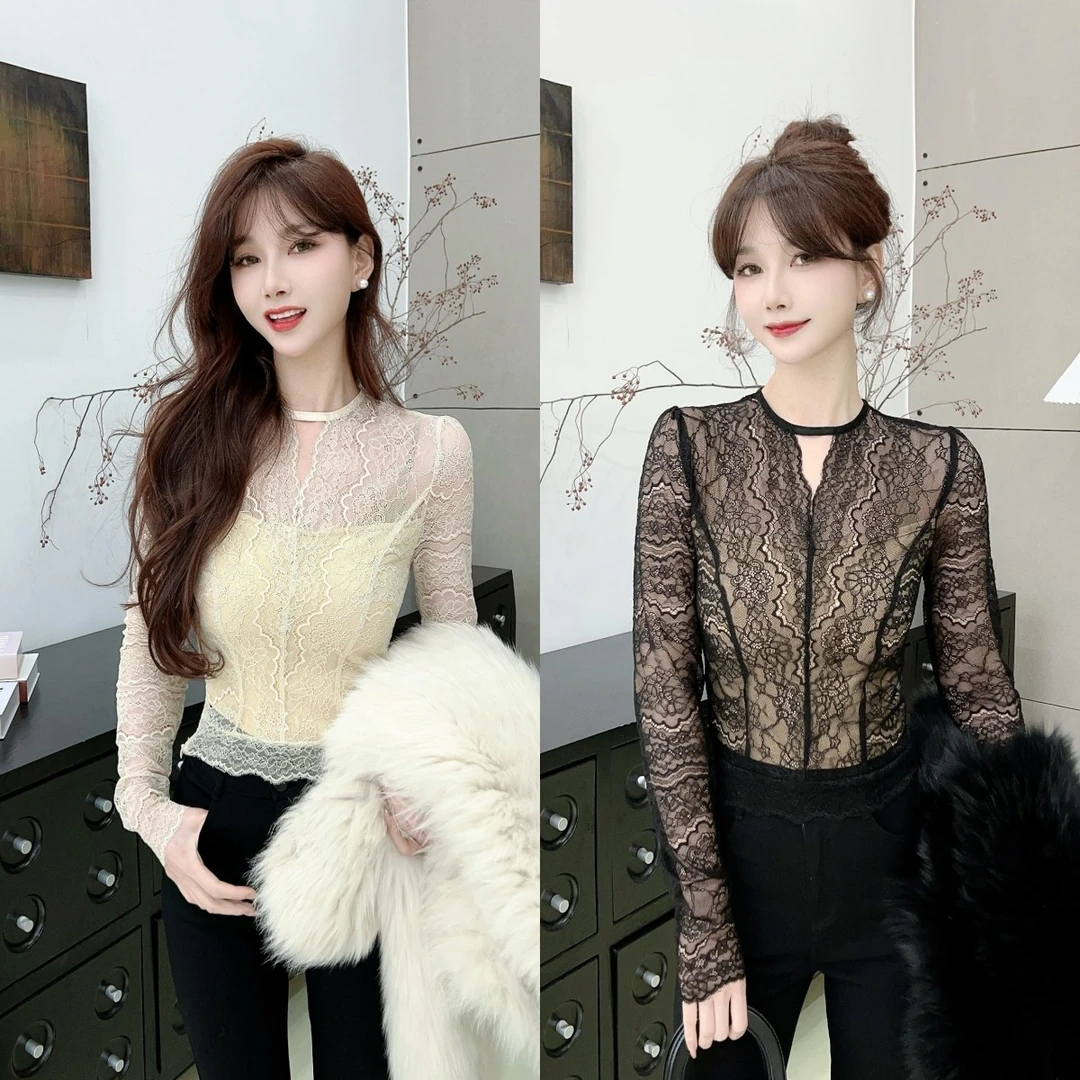 《气质御姐》高级感蕾丝透视长袖内搭(8316)时尚性感修身打底衫