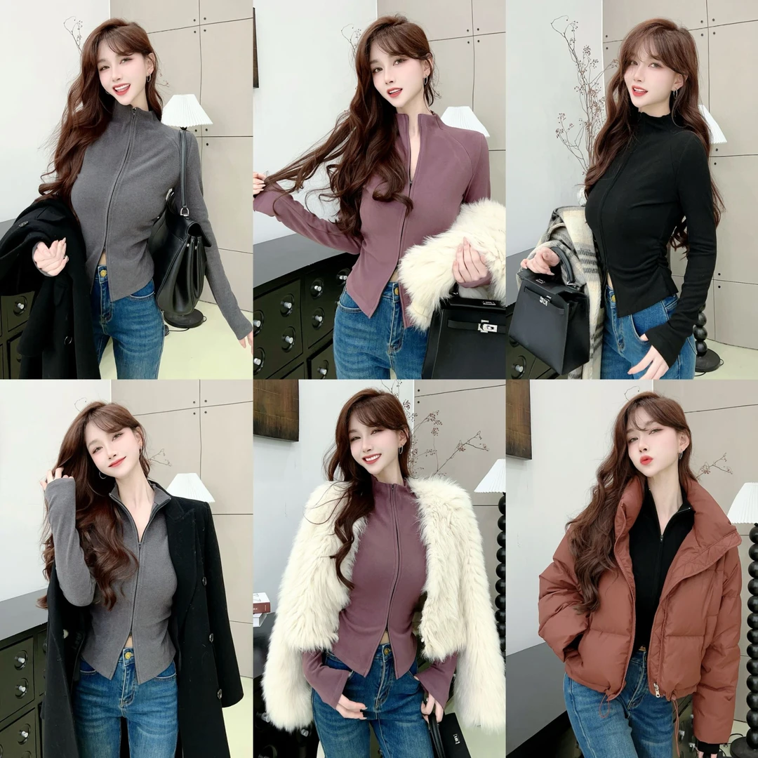 《小暖炉》美式半立领双面磨毛拉链上衣(8397)韩版休闲百搭打底衫