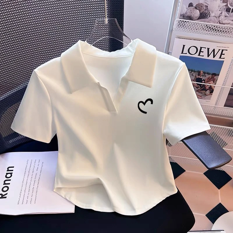 大码女装胖MM不规则下摆polo衫上衣设计感白色正肩翻领短袖T恤夏