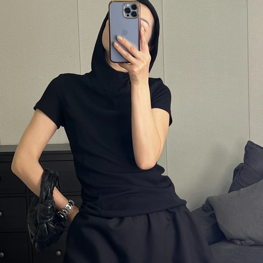 LSSYZY小众设计师款连帽小衫Y52# 纯色修身黑色时尚春夏百搭潮流