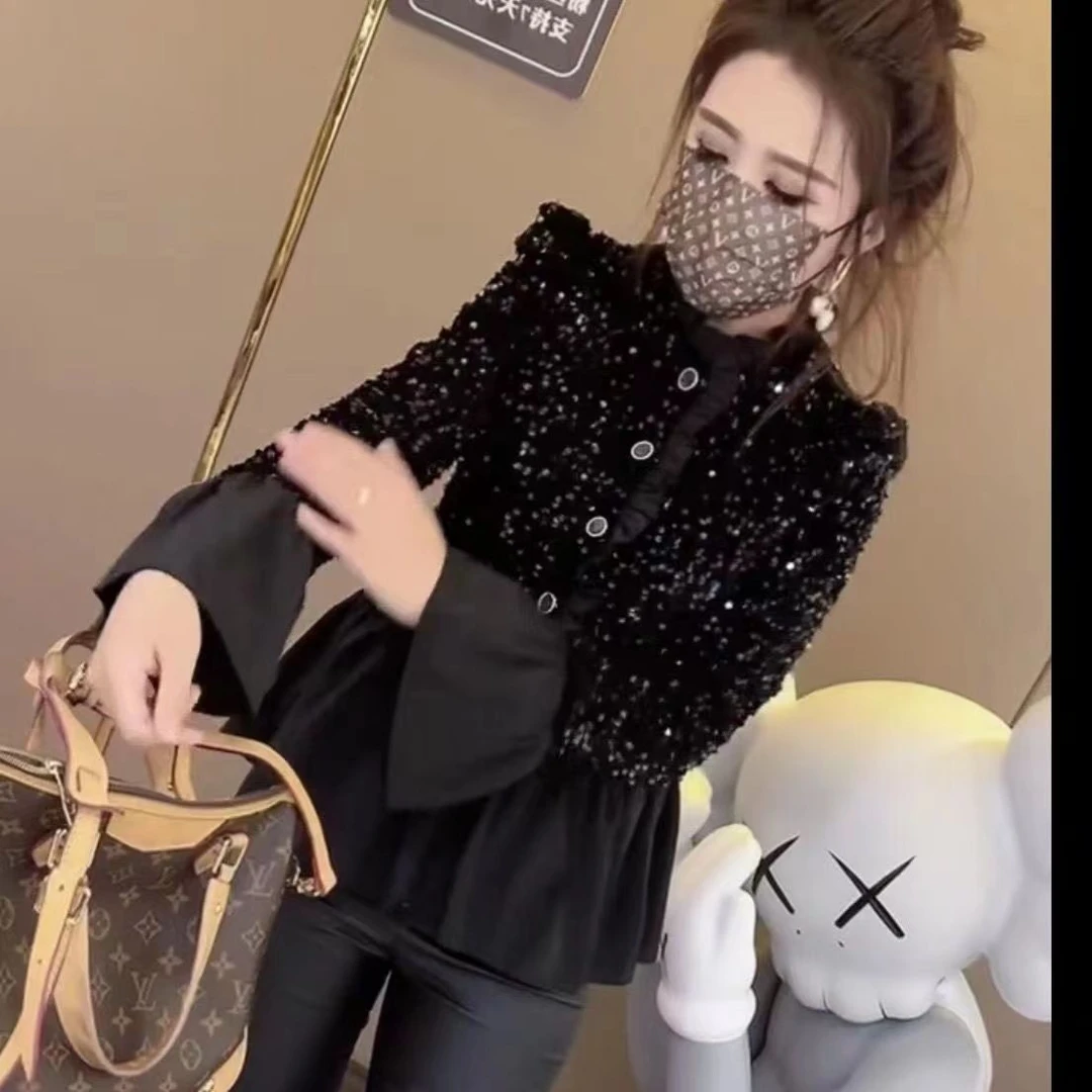 2025春秋气质女开衫亮片衣黑色木耳边开衫外套泡泡喇叭袖百褶上衣
