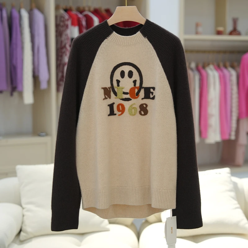 JOYK插肩袖撞色休闲纯山羊绒毛衣女 女士圆领纯羊绒衫 24027