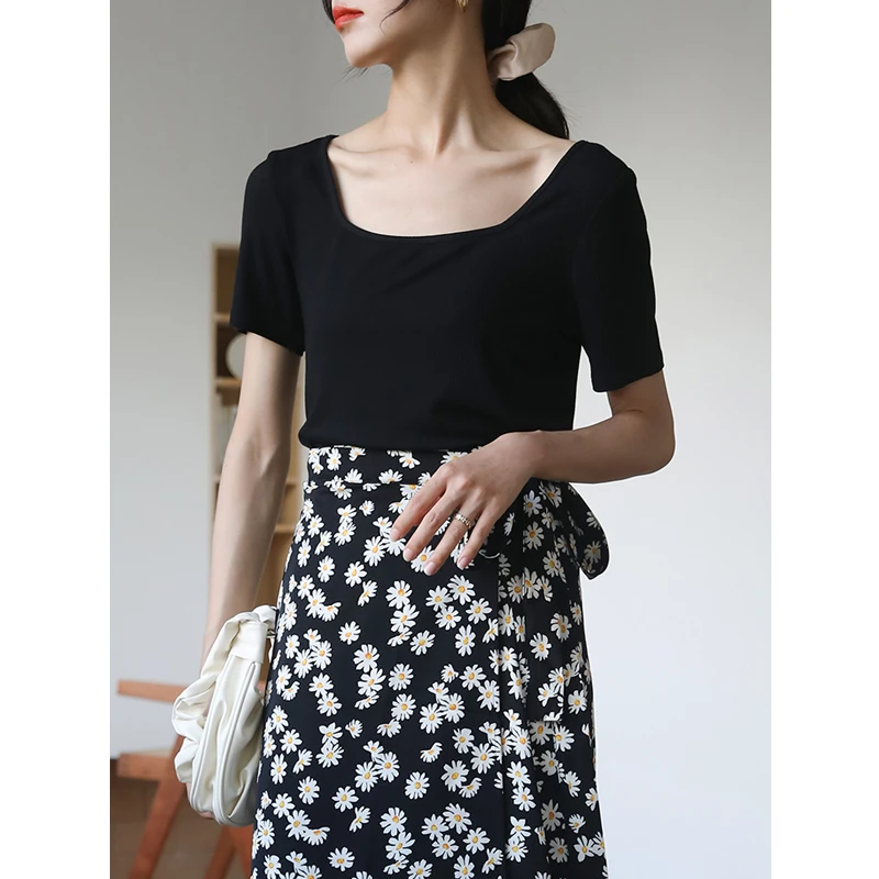 JOYK夏季短袖T恤女U领修身短款辣妹t百搭露锁骨上衣方领21009