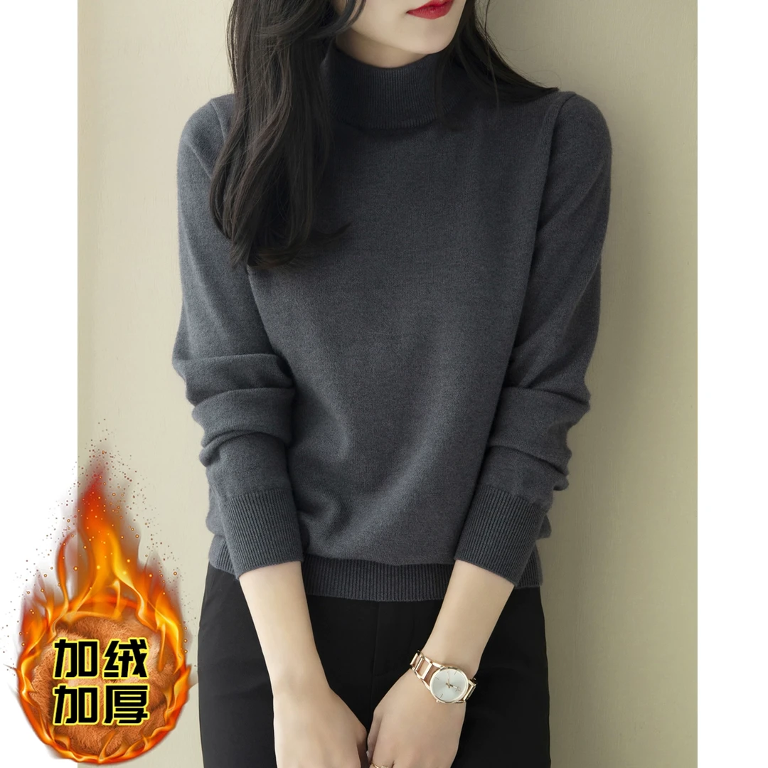 冬季新款半高领宽松加绒加厚打底毛衣女装一体绒水貂绒灰色针织衫