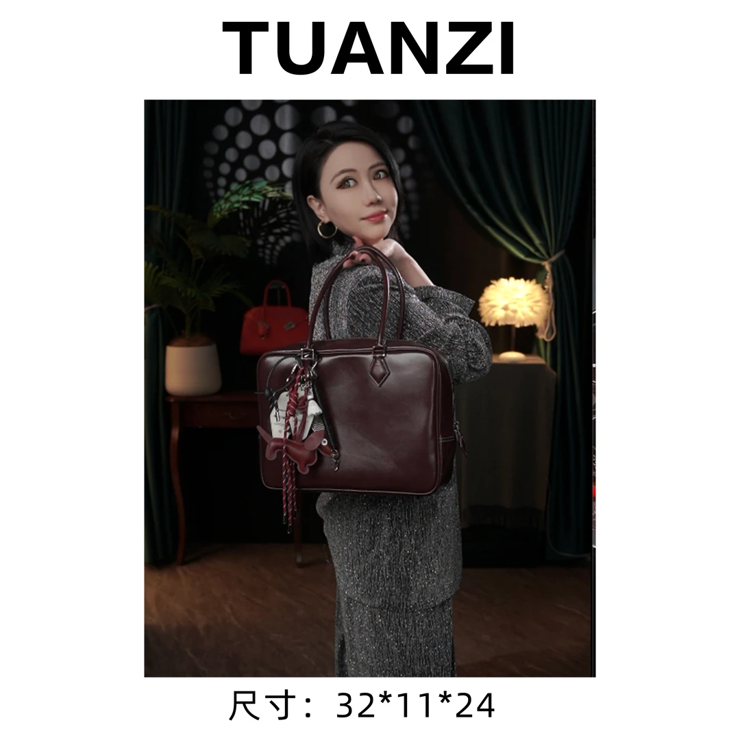 『高端玩家』32Pluem羽毛头层牛皮公文包女包 XKY-3620-马鞍红