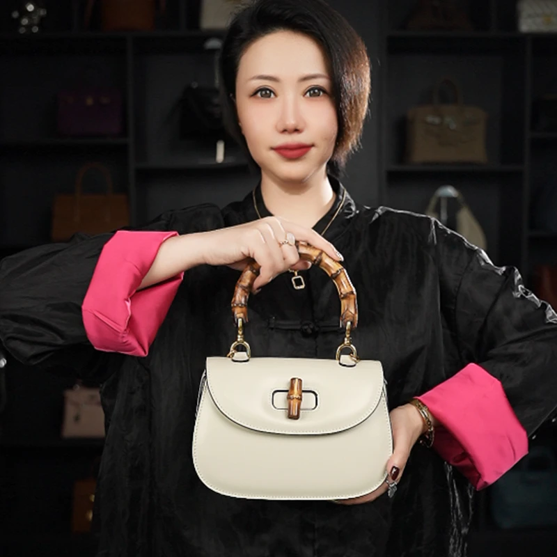 『高端玩家』古老师中古竹节大号百搭斜跨头层皮女包 XKY-3920-白色