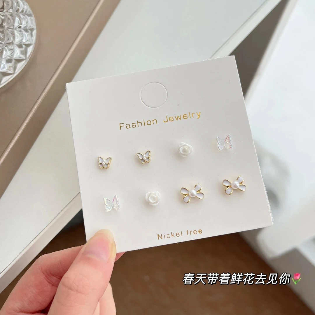 合金耳饰 925银珍珠蝴蝶结耳钉套装女蝴蝶花朵耳环2022新款耳饰