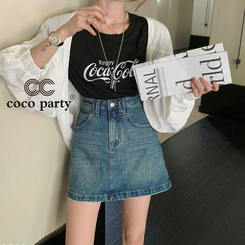 夏季轻薄透气复古洗水牛仔半身裙高腰百搭显瘦A字裙短裙6529