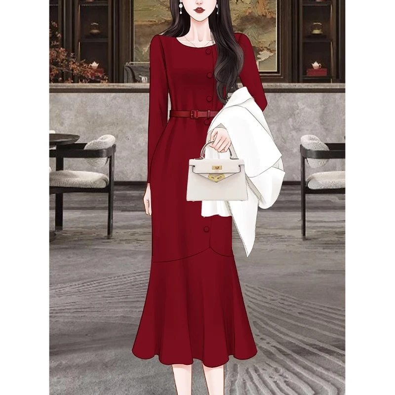 高端漂亮穿搭红色鱼尾连衣裙春季2025新女装气质高贵礼服修身长裙