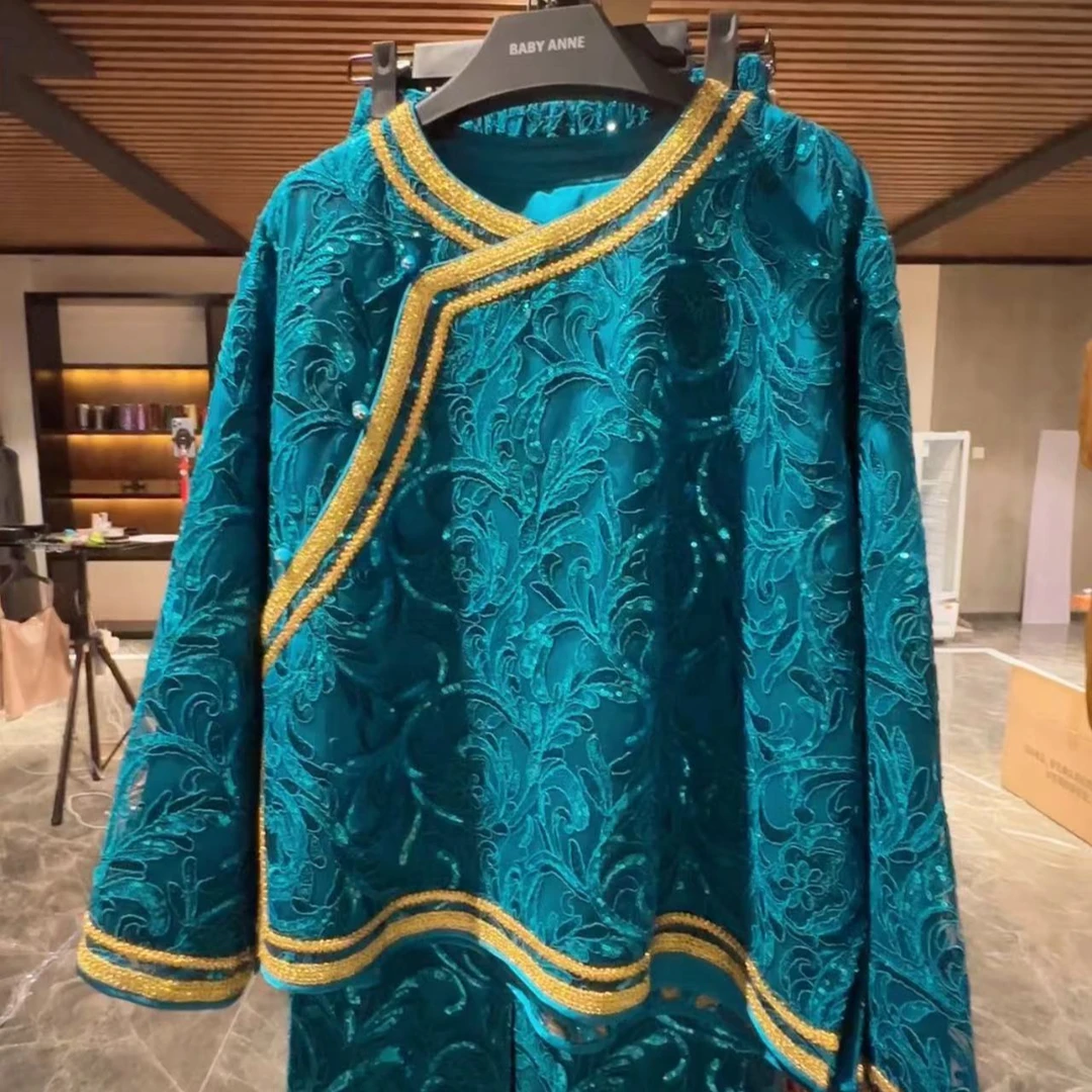 BABY ANNE风华绝代-奢华贵气孔雀蓝珠片绣花上衣/半裙 PD241005