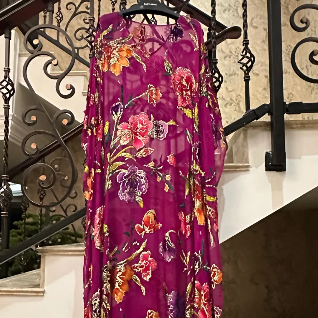 BABY ANNE【私人岛屿】-织金手绘真丝烧花奢华玫紫色连衣裙PD241038