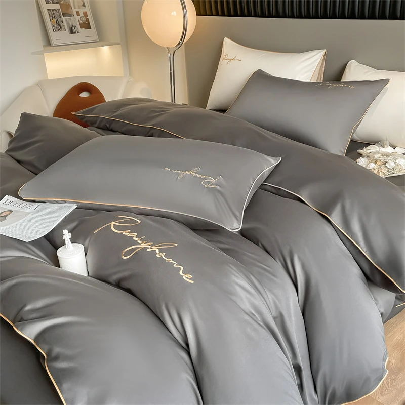 水星新款舒适亲肤棉双拼刺绣轻奢三件套四件套简约丝滑加床上用品