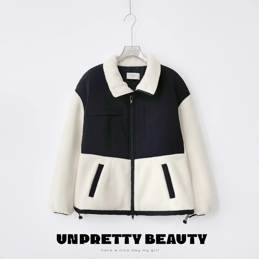 【炸款不退换】高级感加厚休闲保暖拼色翻领拼接毛毛外套-M23401301