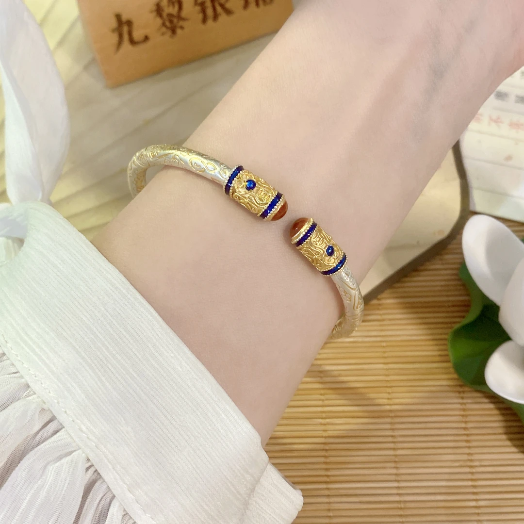 足银手镯 吉言如意头 足银999.9 圆棍开口手镯