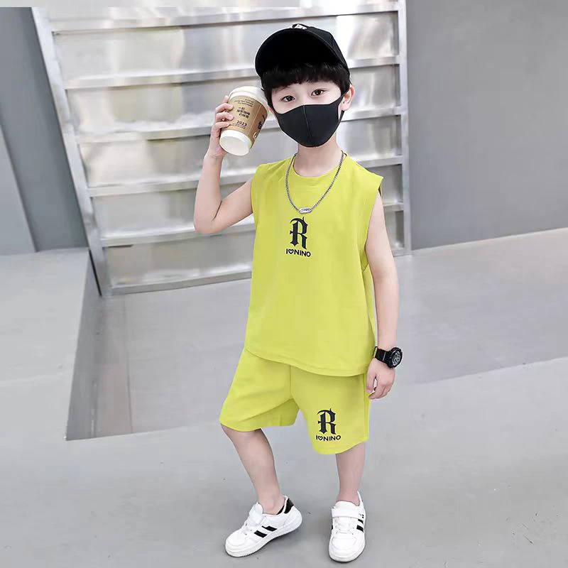 儿童背心套装夏季新款宝宝华夫格短裤男中大童小童夏装衣服童装范