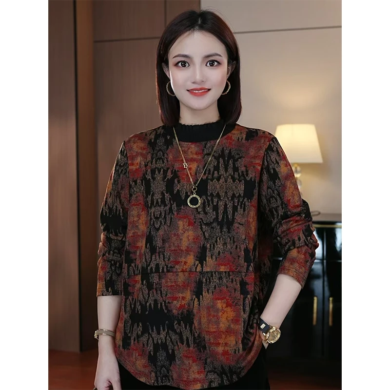 冬季新款洋气百搭一体绒高级内搭长袖减龄显瘦圆领印花时尚小衫