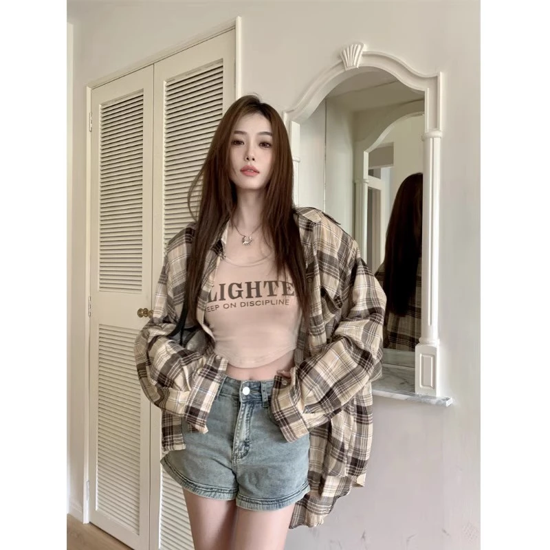 韩系穿搭复古格子防晒衬衫女夏韩系宽松遮肉显瘦百搭薄款bm风上衣