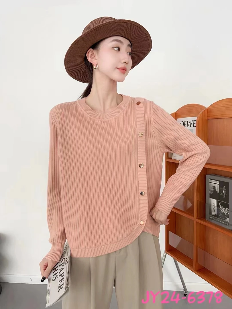 [七掌柜衣橱]秋季新款圆领时尚百搭纯色宽松细条纹显瘦针织毛衣