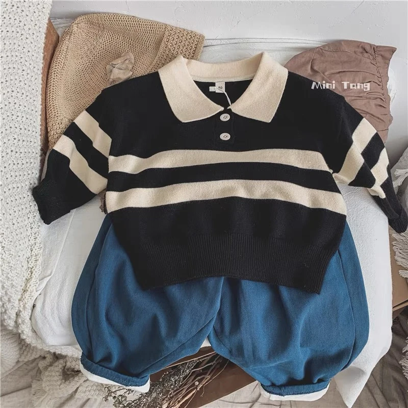 2406儿童针织毛衣 翻领春秋款简约翻领polo毛衣针织衫撞色