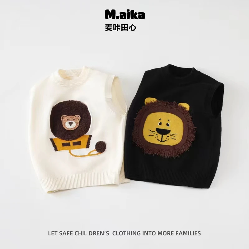 儿童马甲春秋款外穿洋气可爱狮子超好看男宝宝针织背心男童毛衣