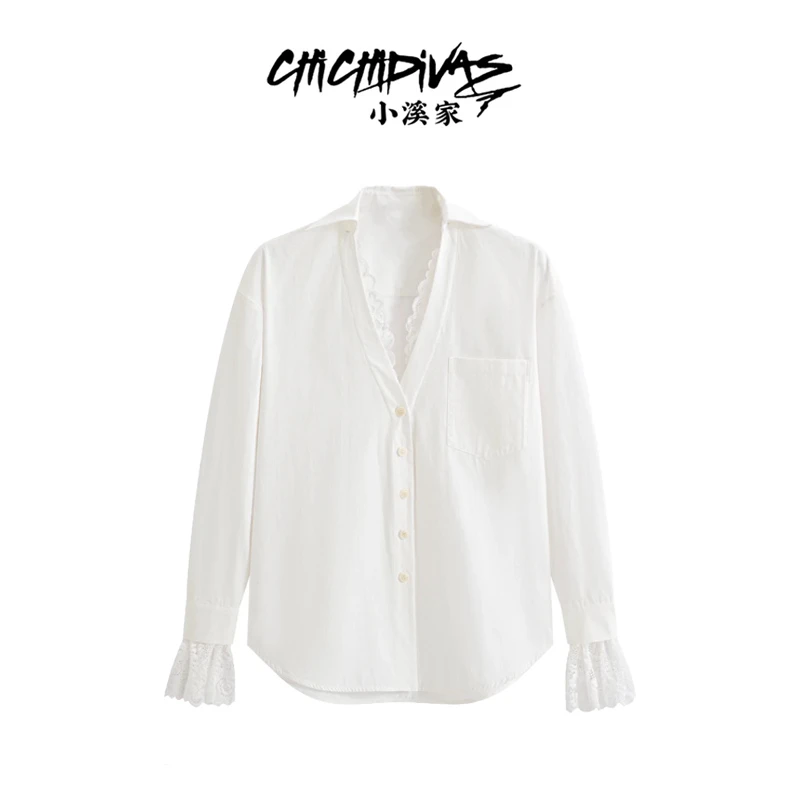 （小溪家）白色V领长袖法式衬衫拼接蕾丝衬衫小众设计气质别致上衣