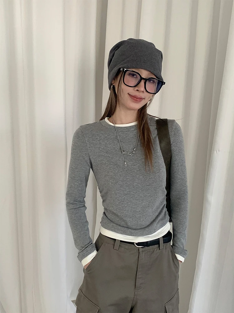 假两件圆领长袖T恤女不规则设计感2024春秋修身弹力褶皱上衣休闲