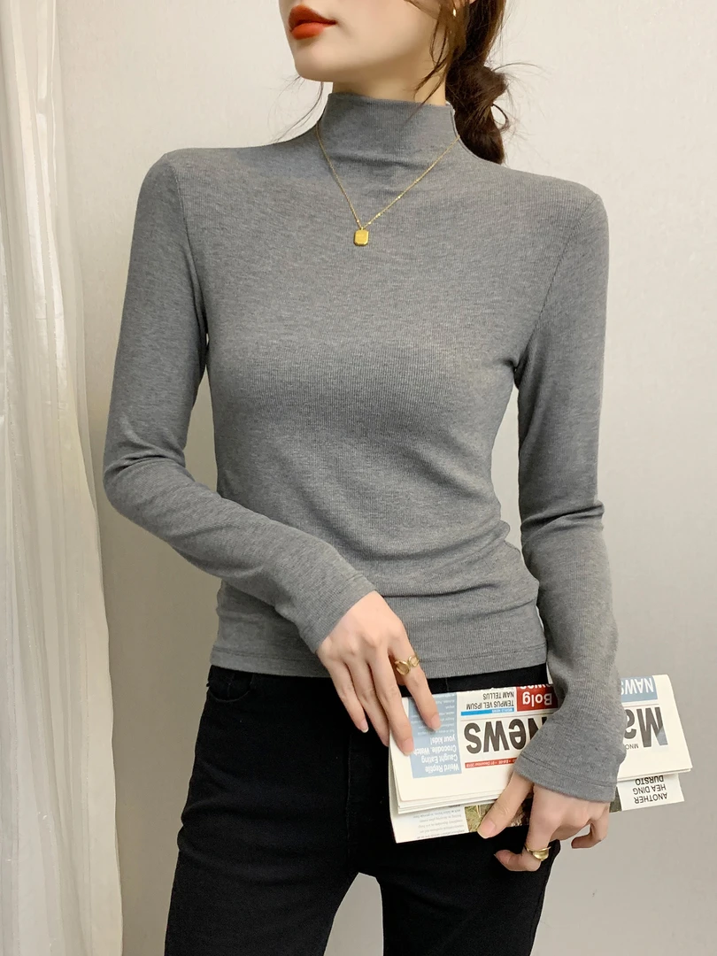 灰色半高领打底衫女内搭长袖2025新款春秋冬洋气螺纹中领紧身上衣