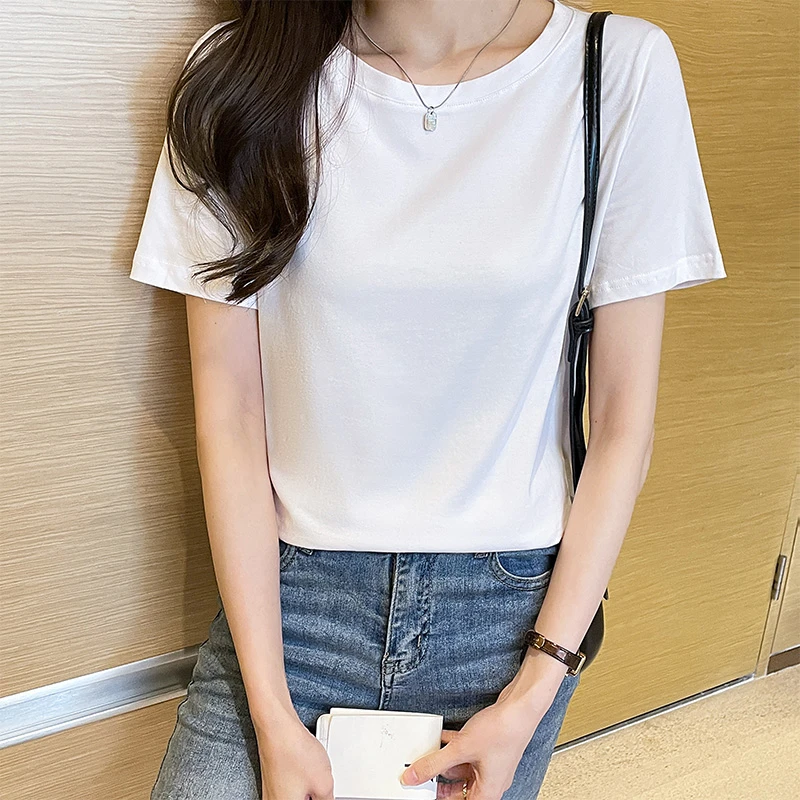 短袖t恤女白色夏季圆领棉质基础百搭宽松正肩T恤纯色打底女士上衣
