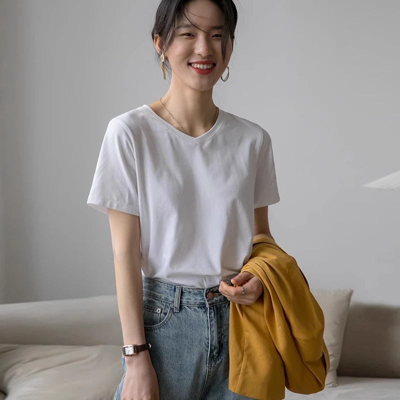 v领白色正肩t恤女夏季新款休闲女装短袖宽松上衣内搭体恤打底衫