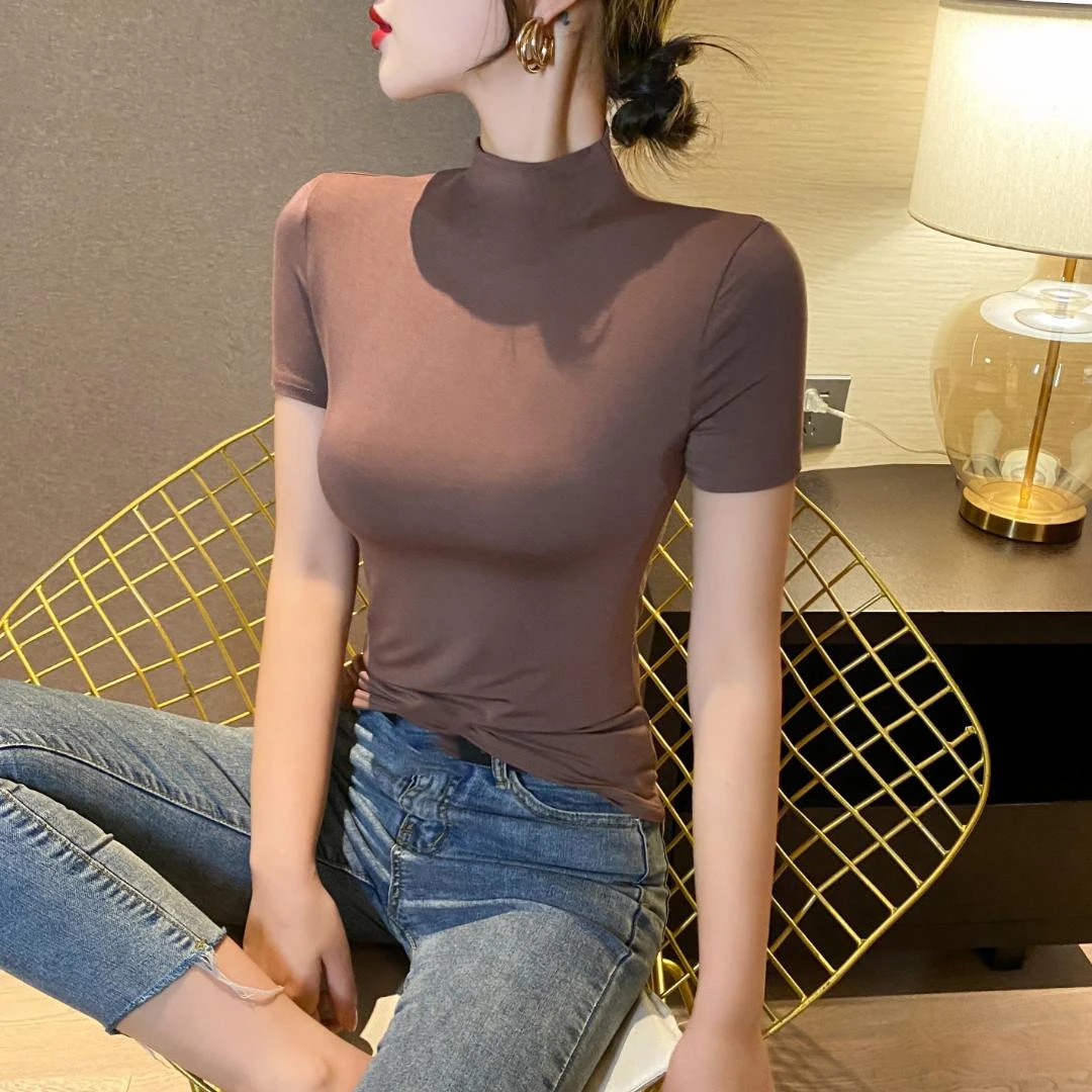 人棉冰丝咖色半高领短袖t恤女夏2024新款一片式冰丝薄款修身上衣