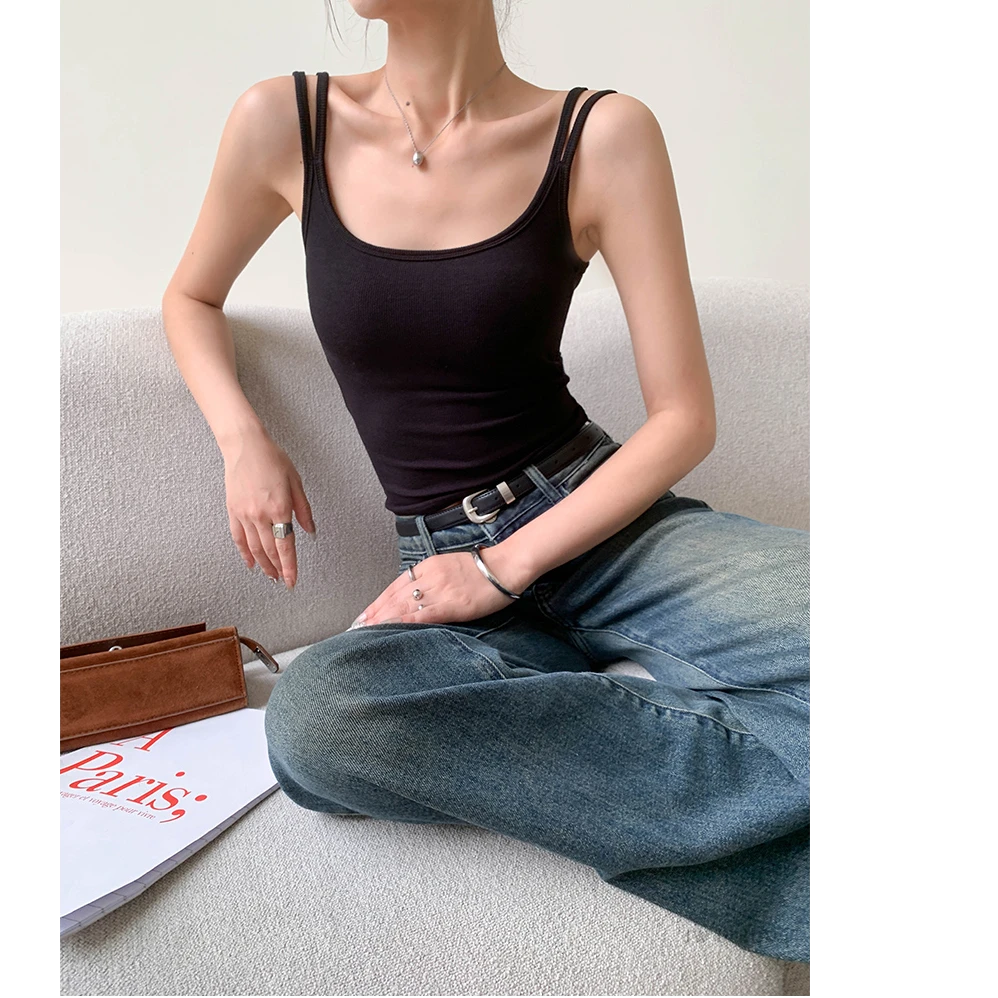 带胸垫吊带背心免文胸美背内搭罩杯一体双肩带辣妹多巴胺打底衫