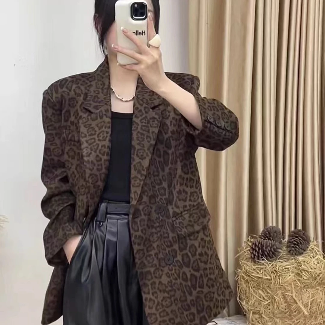 中长款豹纹西装外套女高级感2024秋季新款长袖休闲西服外套25款